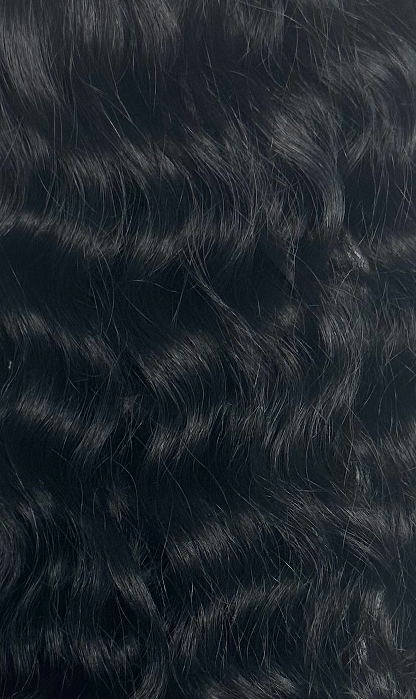 Close-up of dark black hair with wavy texture