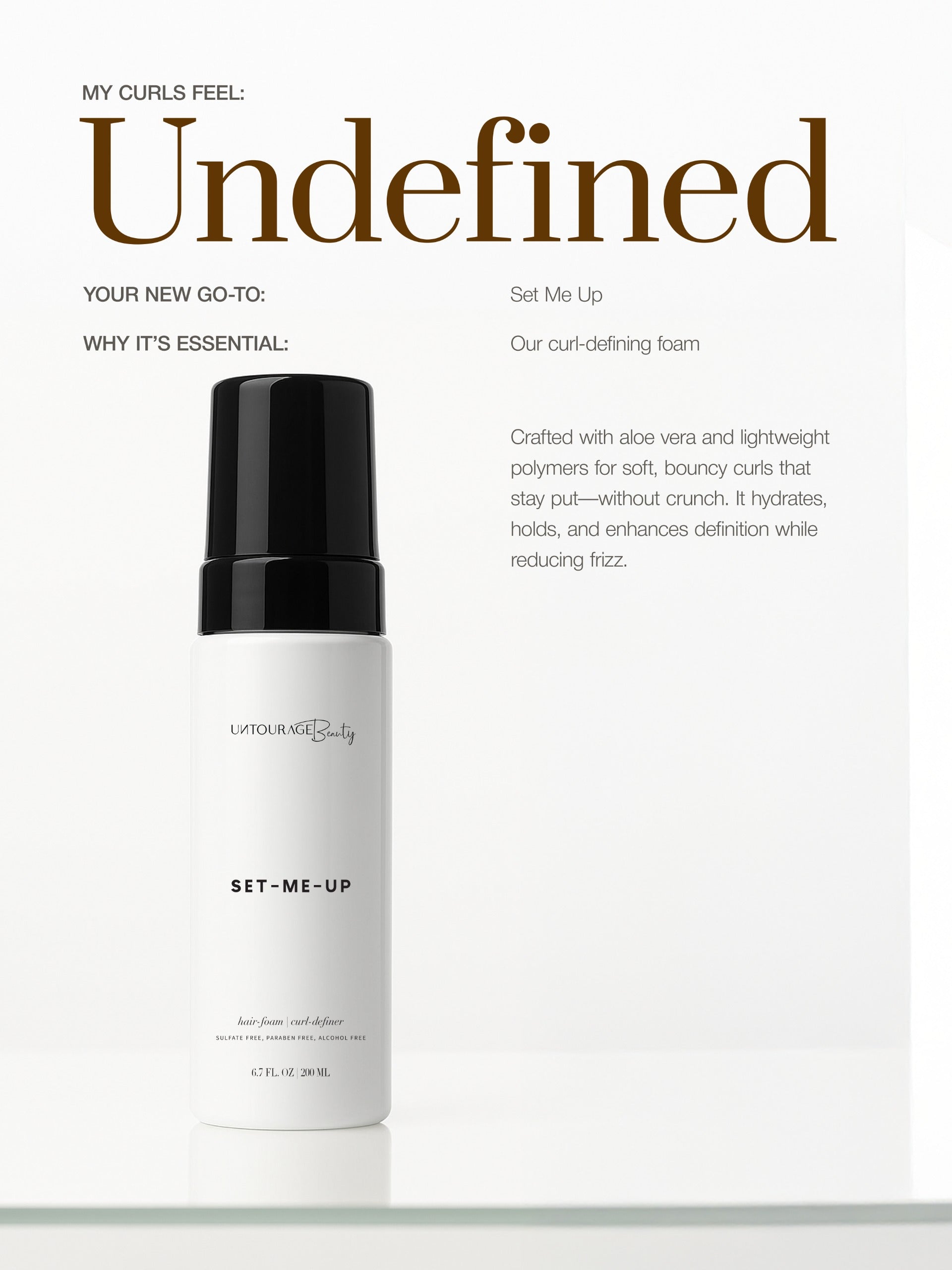 Cosmetic bottle labeled 'Set Me Up' on a white background with text about product features.