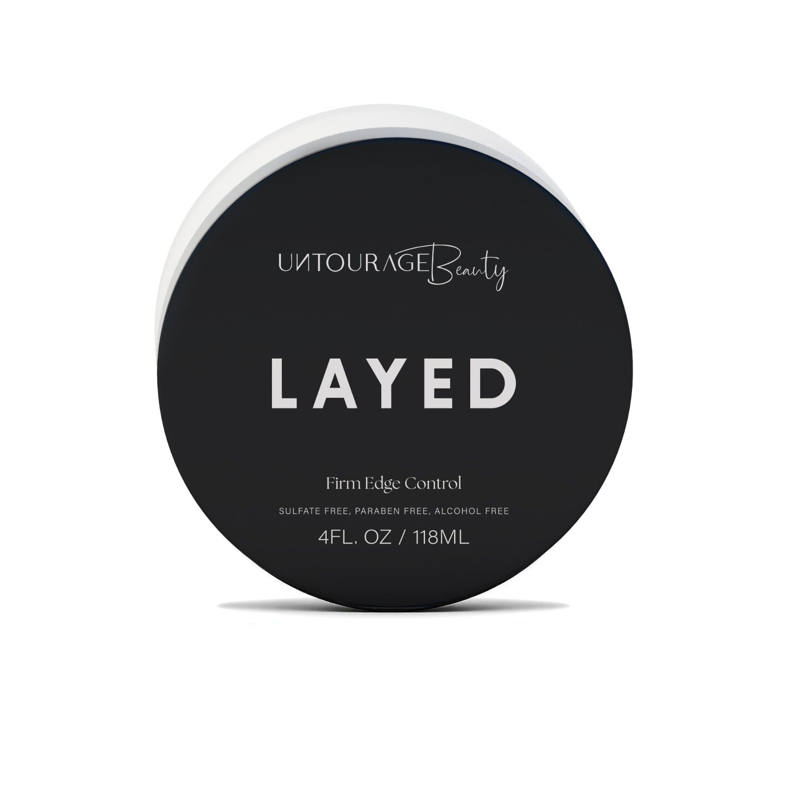 Black container of 'Layed' product by Untourage Beauty on a white background